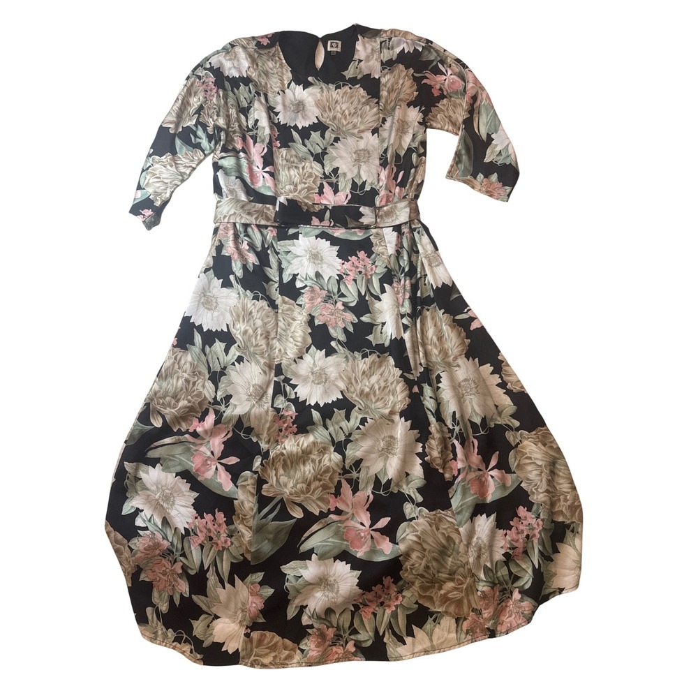 Anne Klein Midi Dress Womens 14 Black Floral Excellent Belted 3/4 Sleeve